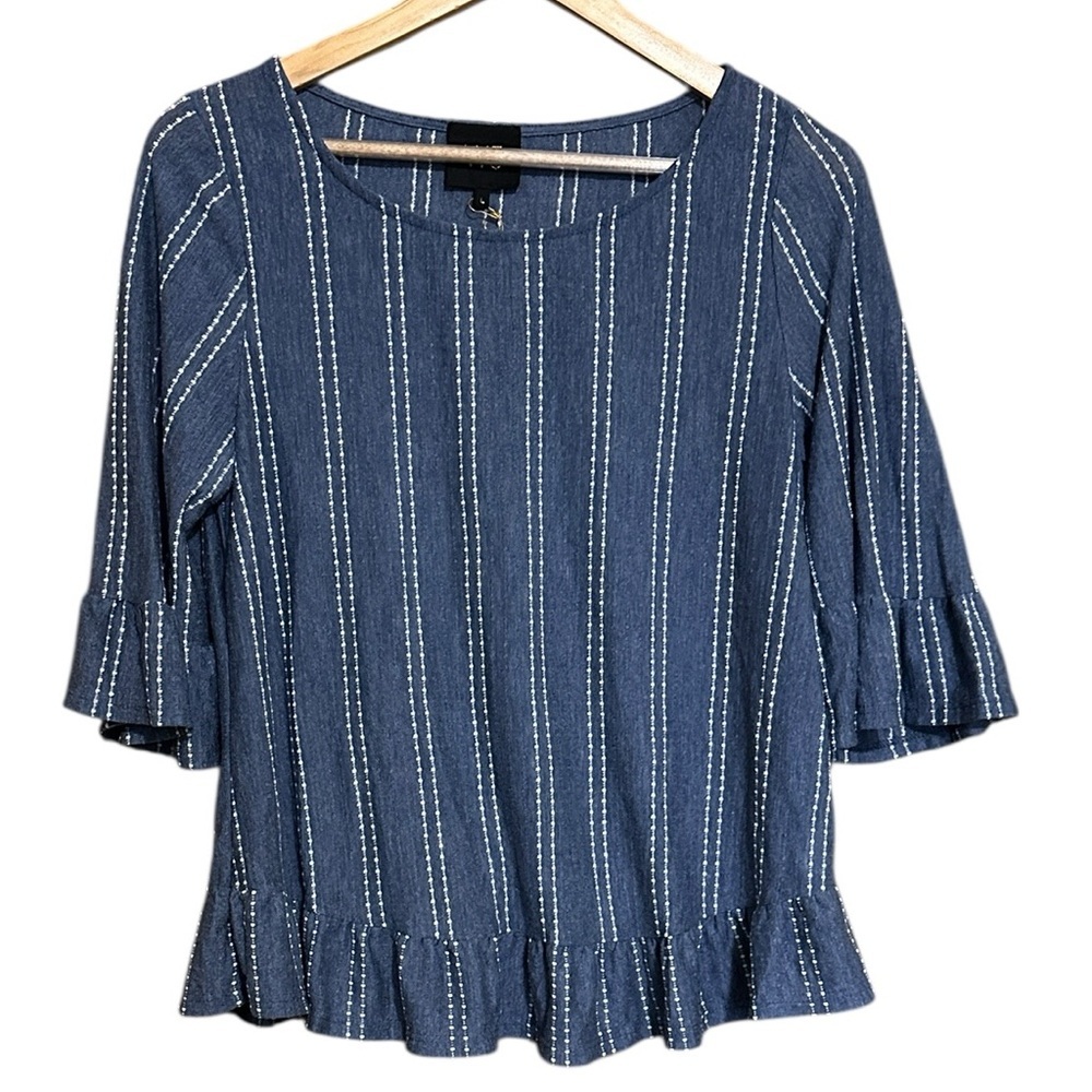 W5 Anthropology Size L Blue W/ White Stripes Short Sleeve Blouse Top Ruffles NWT